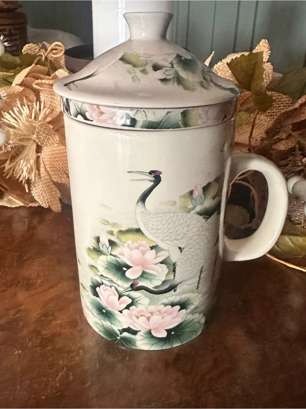 World Market Porcelain Crane & Lotus Lidded Tea Mug Cream Pink Green